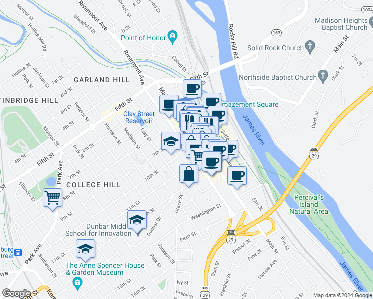 map of restaurants, bars, coffee shops, grocery stores, and more near 927 Church Street in Lynchburg