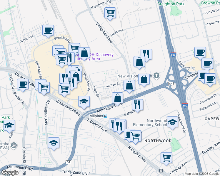 map of restaurants, bars, coffee shops, grocery stores, and more near 1463 Nightshade Road in Milpitas