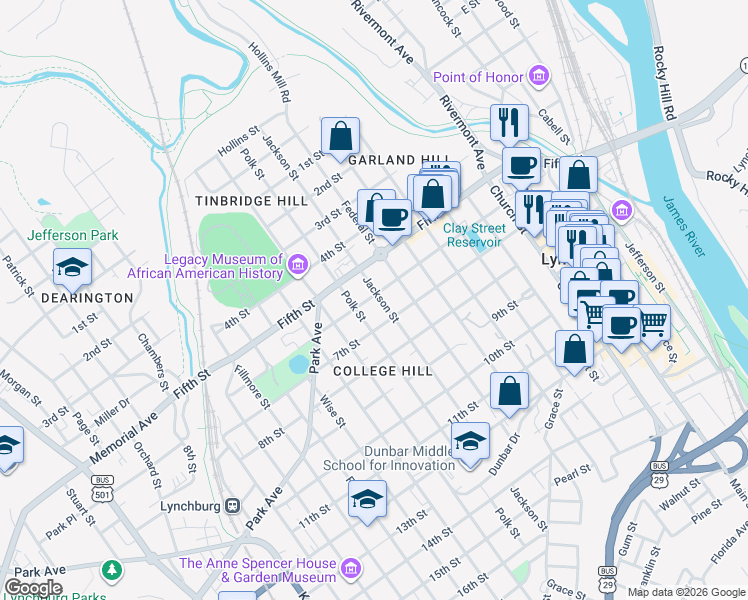 map of restaurants, bars, coffee shops, grocery stores, and more near 621 Jackson Street in Lynchburg
