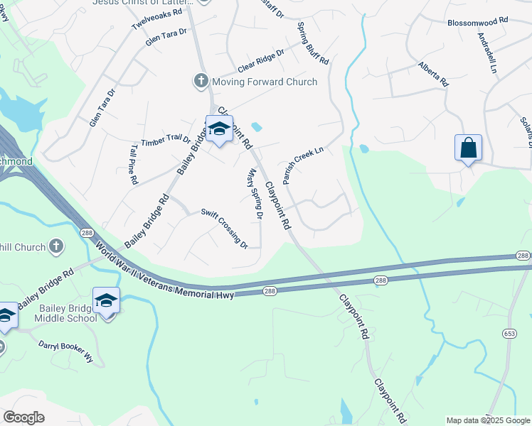map of restaurants, bars, coffee shops, grocery stores, and more near 5019 Misty Spring Drive in Midlothian