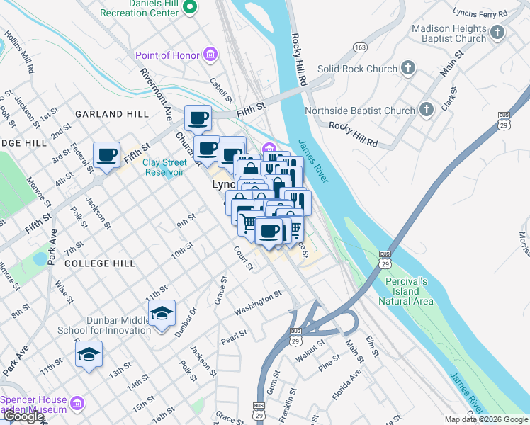 map of restaurants, bars, coffee shops, grocery stores, and more near 1112 Main Street in Lynchburg
