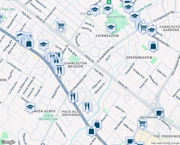 map of restaurants, bars, coffee shops, grocery stores, and more near 285 West Charleston Road in Palo Alto