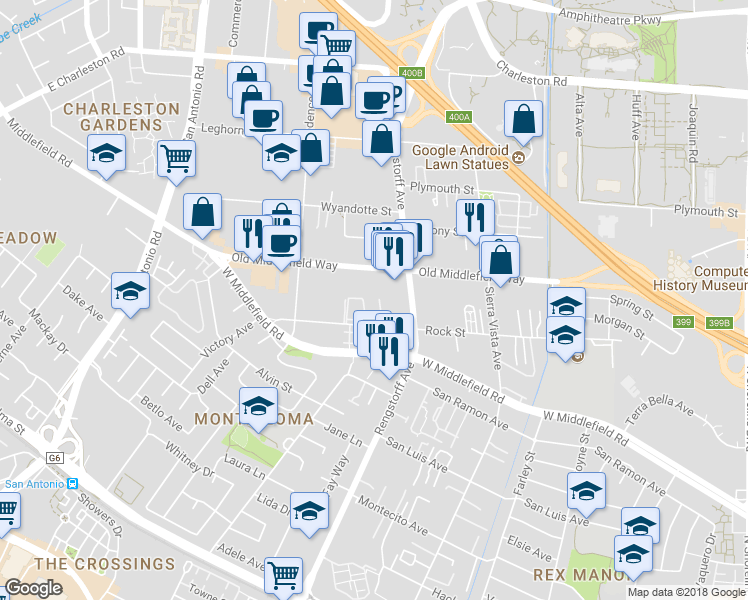 map of restaurants, bars, coffee shops, grocery stores, and more near 748 Cottage Court in Mountain View