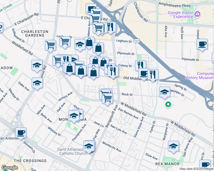 map of restaurants, bars, coffee shops, grocery stores, and more near 748 Cottage Court in Mountain View