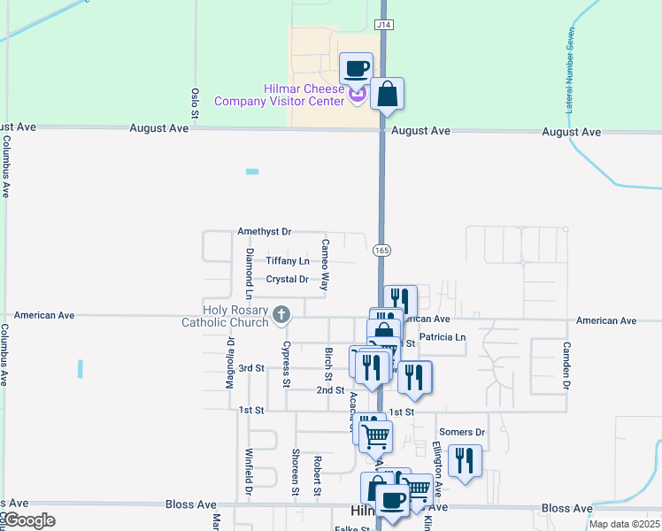 map of restaurants, bars, coffee shops, grocery stores, and more near 8628 Cameo Way in Hilmar