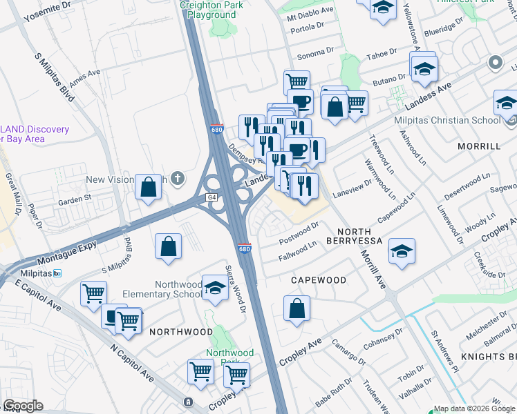 map of restaurants, bars, coffee shops, grocery stores, and more near 2202 Amberwood Lane in San Jose
