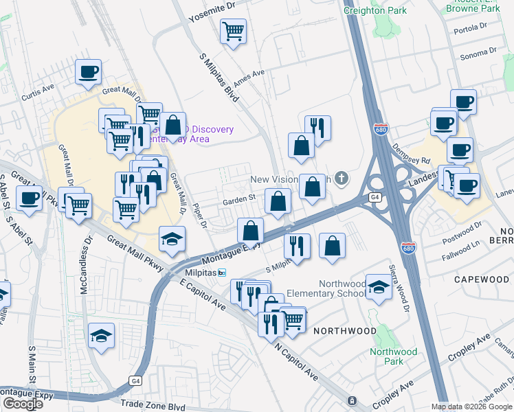 map of restaurants, bars, coffee shops, grocery stores, and more near 1453 Lavender Loop in Milpitas
