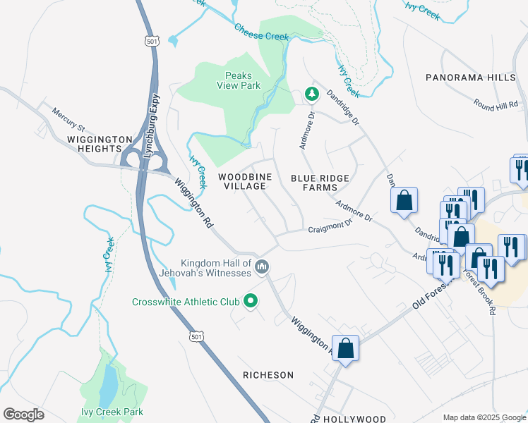 map of restaurants, bars, coffee shops, grocery stores, and more near 1423 Tunbridge Road in Lynchburg