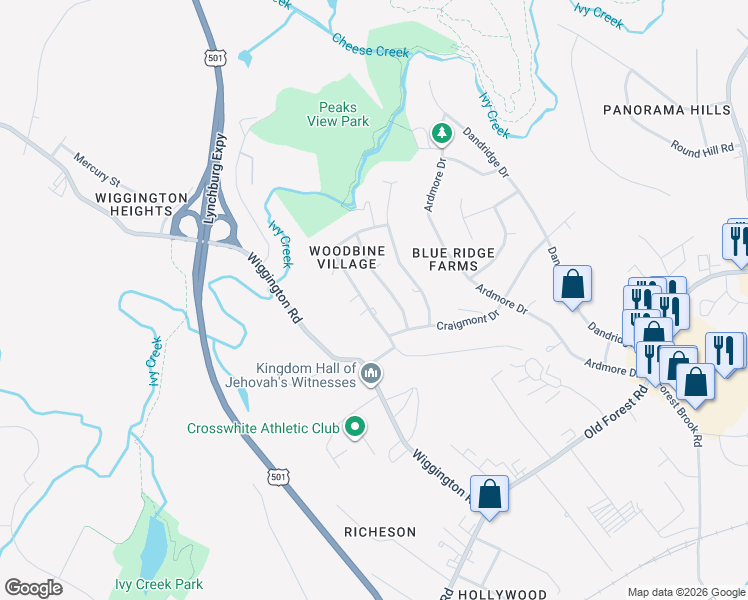 map of restaurants, bars, coffee shops, grocery stores, and more near 1404 Ashbourne Drive in Lynchburg