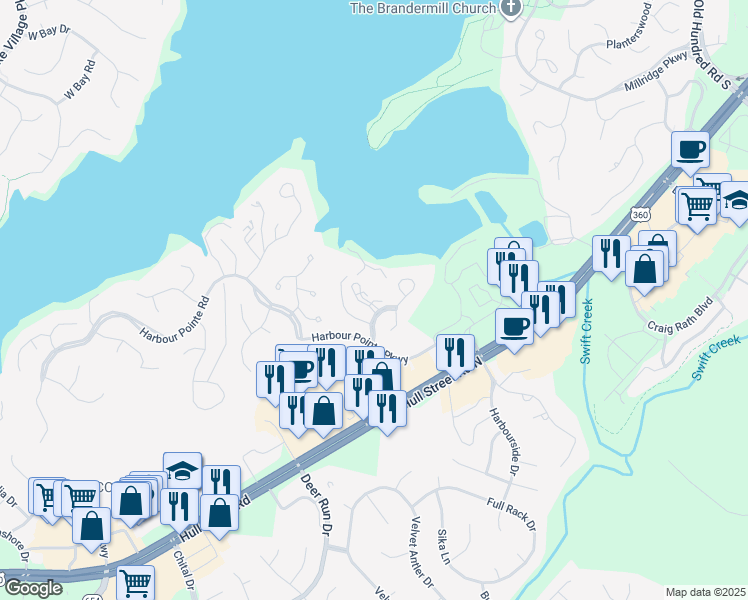 map of restaurants, bars, coffee shops, grocery stores, and more near 5825 Spinnaker Cove Road in Midlothian
