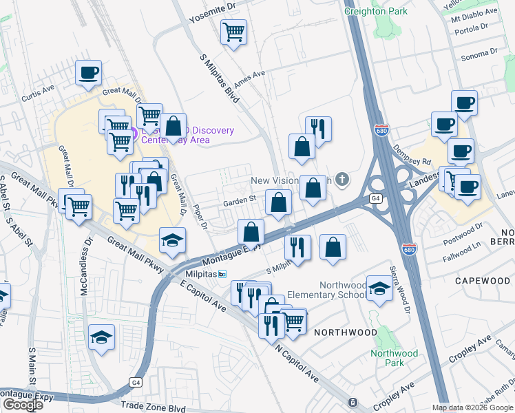 map of restaurants, bars, coffee shops, grocery stores, and more near 1453 Lavender Loop in Milpitas