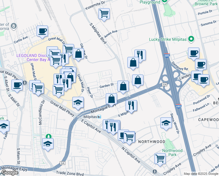 map of restaurants, bars, coffee shops, grocery stores, and more near 1463 Nightshade Road in Milpitas