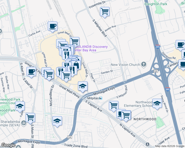 map of restaurants, bars, coffee shops, grocery stores, and more near 1428 Falcon Drive in Milpitas
