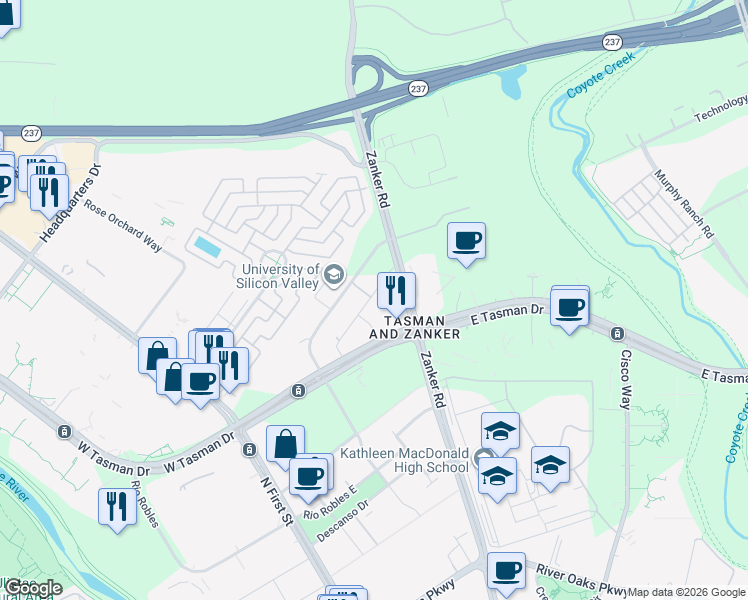 map of restaurants, bars, coffee shops, grocery stores, and more near 3737 Casa Verde Street in San Jose