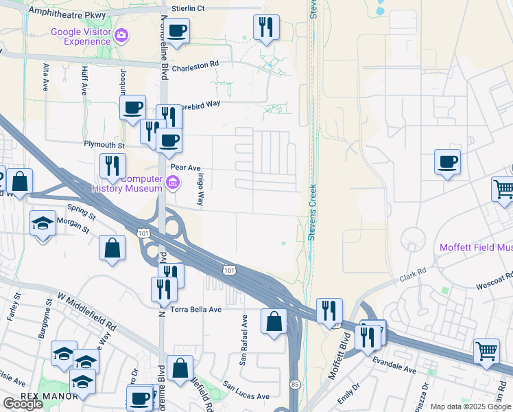 map of restaurants, bars, coffee shops, grocery stores, and more near 1061-1099 La Avenida St in Mountain View