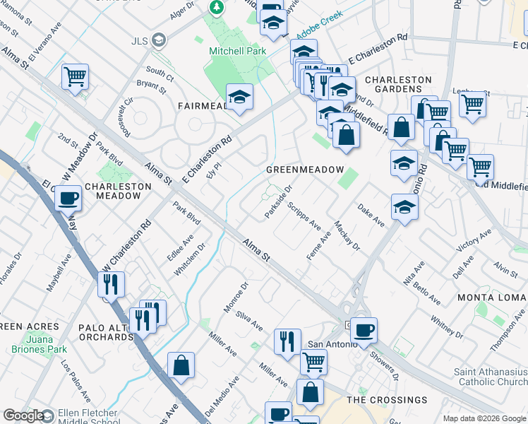 map of restaurants, bars, coffee shops, grocery stores, and more near 190 Parkside Drive in Palo Alto