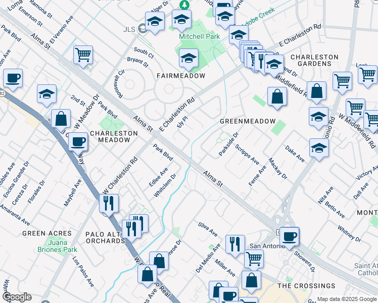 map of restaurants, bars, coffee shops, grocery stores, and more near 107 Greenmeadow Way in Palo Alto