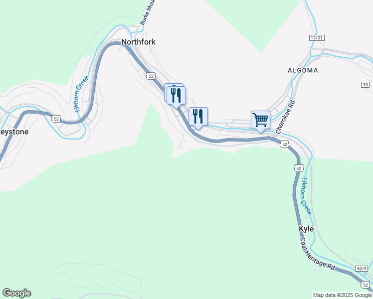 map of restaurants, bars, coffee shops, grocery stores, and more near E Street in Northfork