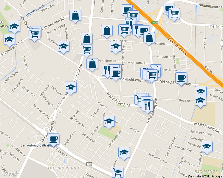 map of restaurants, bars, coffee shops, grocery stores, and more near 2524 West Middlefield Road in Mountain View