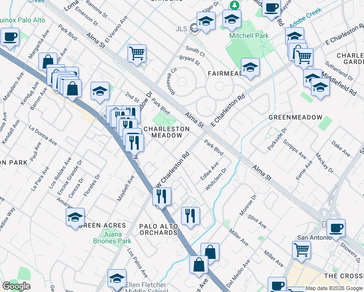 map of restaurants, bars, coffee shops, grocery stores, and more near 370 West Charleston Road in Palo Alto