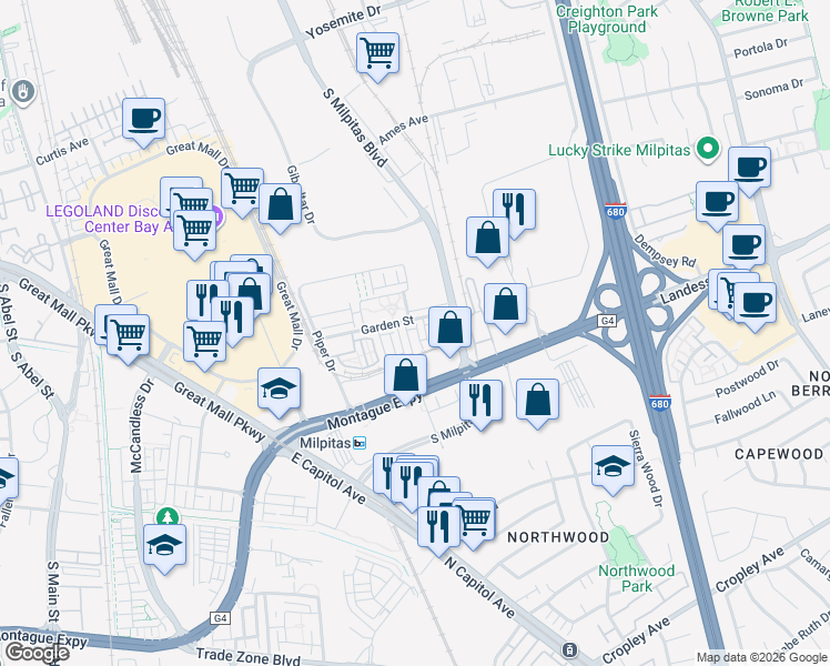 map of restaurants, bars, coffee shops, grocery stores, and more near 1423 Lavender Loop in Milpitas