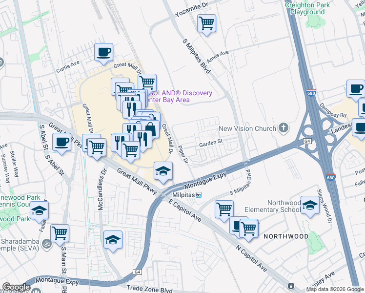 map of restaurants, bars, coffee shops, grocery stores, and more near 1428 Falcon Drive in Milpitas