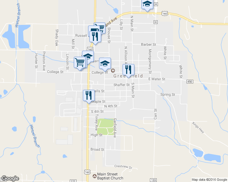 map of restaurants, bars, coffee shops, grocery stores, and more near 411 Wells Street in Greenfield