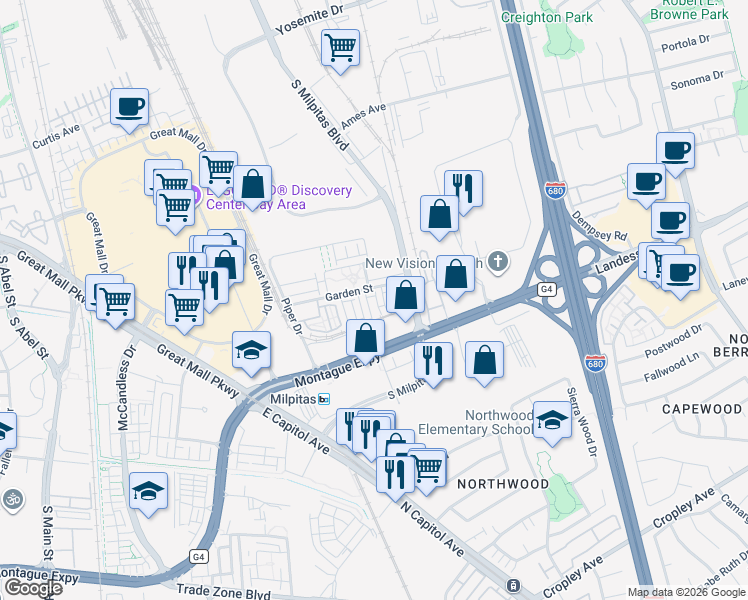 map of restaurants, bars, coffee shops, grocery stores, and more near 1423 Lavender Loop in Milpitas