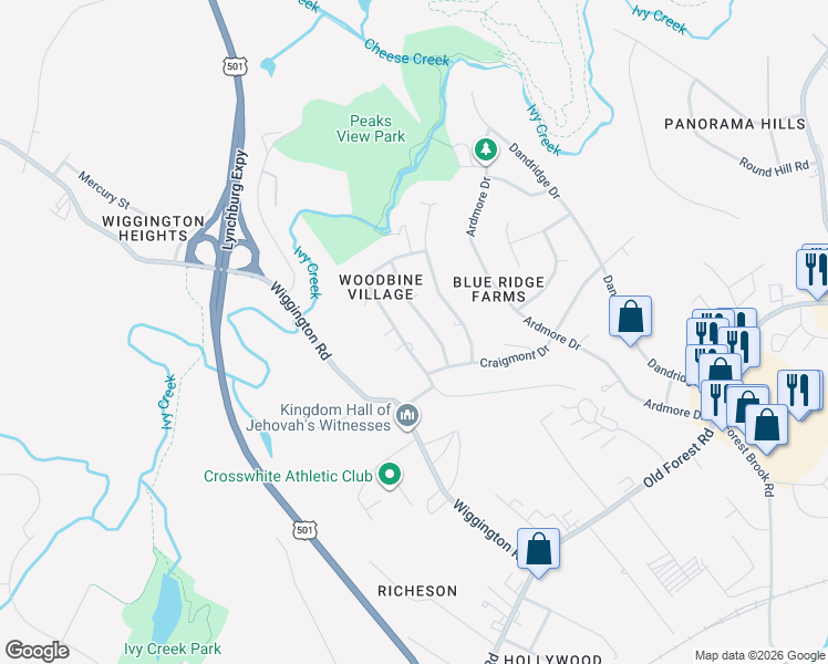 map of restaurants, bars, coffee shops, grocery stores, and more near 1404 Ashbourne Drive in Lynchburg