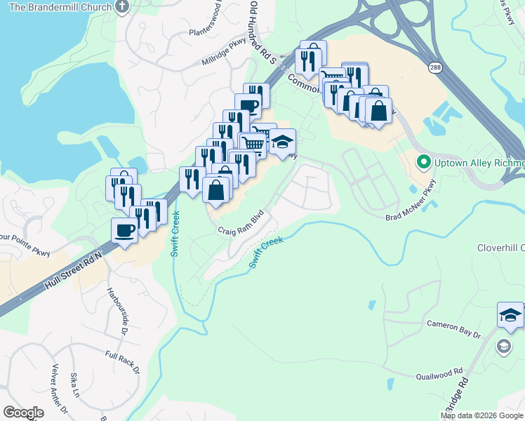 map of restaurants, bars, coffee shops, grocery stores, and more near 5005 Craig Rath Boulevard in Midlothian