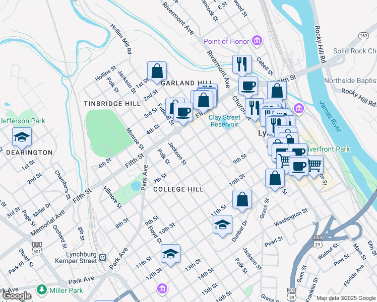 map of restaurants, bars, coffee shops, grocery stores, and more near 615 Federal Street in Lynchburg