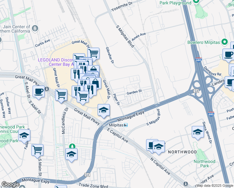 map of restaurants, bars, coffee shops, grocery stores, and more near 717 Garden Street in Milpitas