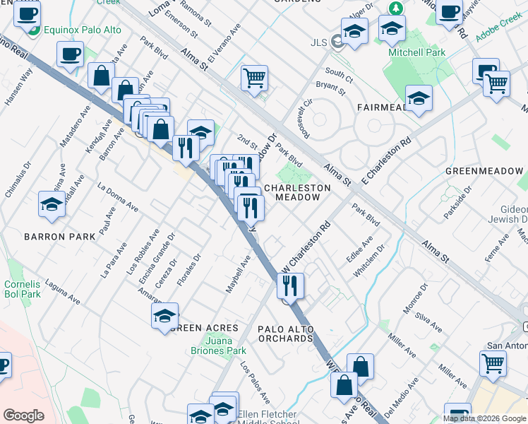 map of restaurants, bars, coffee shops, grocery stores, and more near 488 James Road in Palo Alto