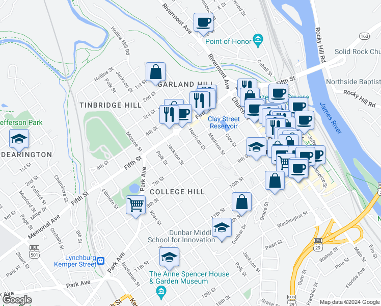 map of restaurants, bars, coffee shops, grocery stores, and more near 614 Federal Street in Lynchburg
