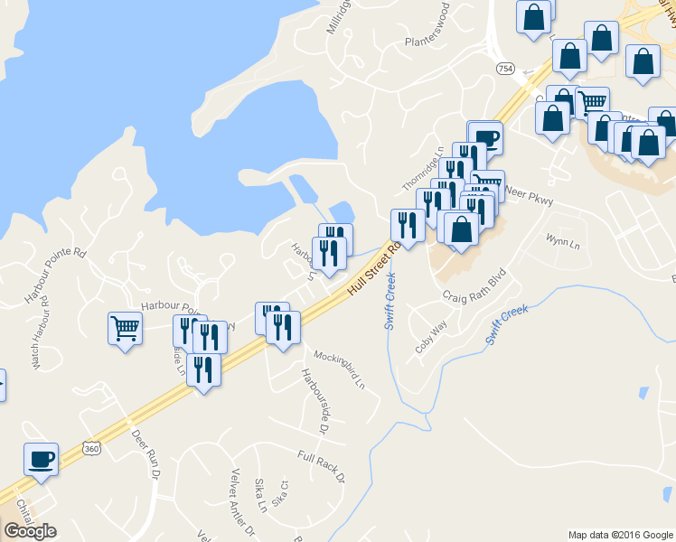 map of restaurants, bars, coffee shops, grocery stores, and more near 6007 Harbour Ln in Midlothian