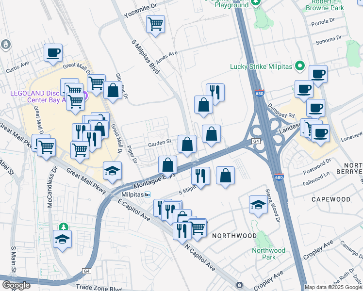 map of restaurants, bars, coffee shops, grocery stores, and more near 1453 Lavender Loop in Milpitas