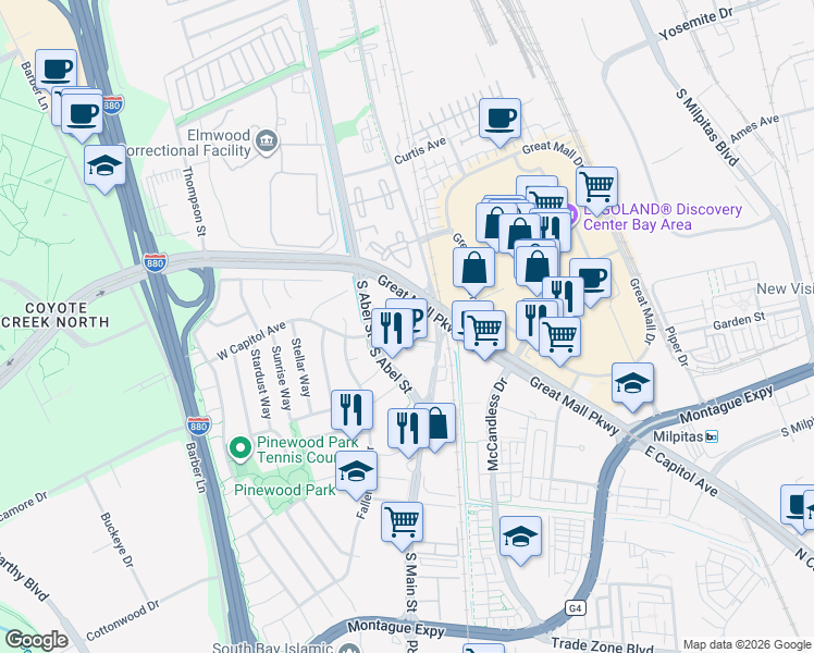 map of restaurants, bars, coffee shops, grocery stores, and more near 1208 South Abel Street in Milpitas