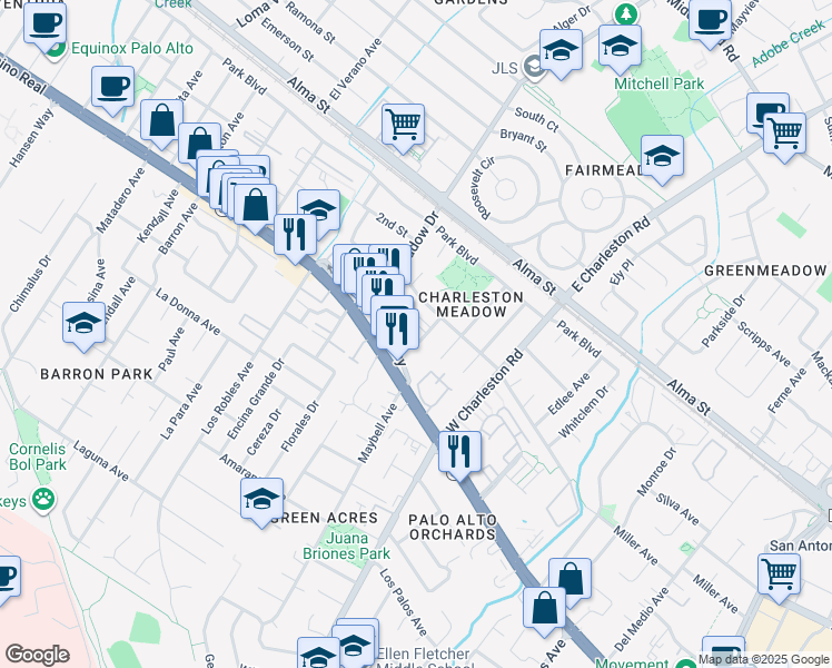 map of restaurants, bars, coffee shops, grocery stores, and more near 4151 El Camino Way in Palo Alto