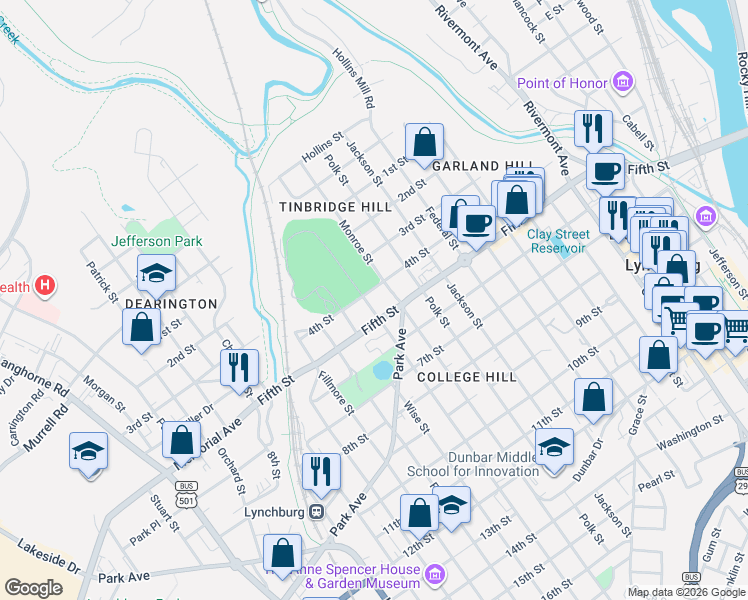 map of restaurants, bars, coffee shops, grocery stores, and more near 1211 Fifth Street in Lynchburg