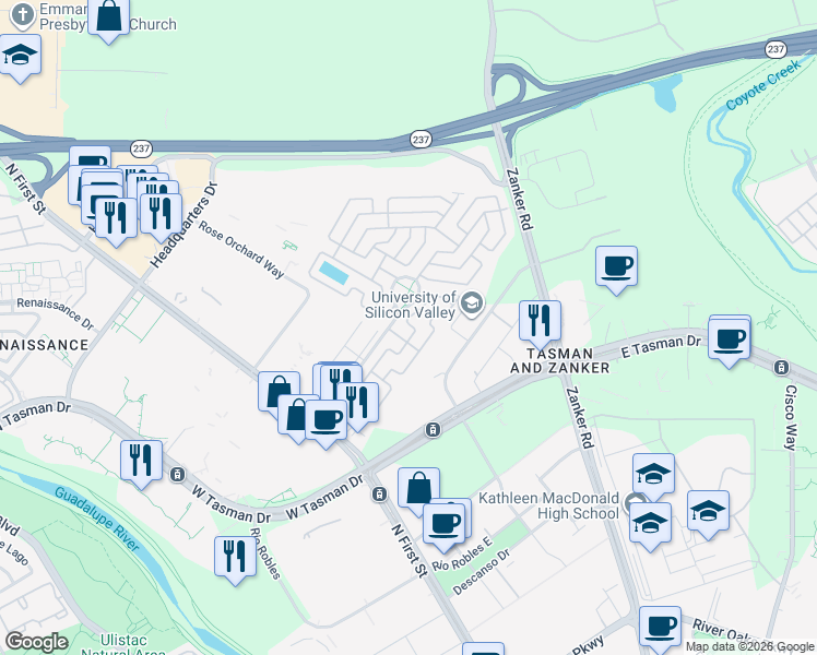 map of restaurants, bars, coffee shops, grocery stores, and more near 166 El Bosque Street in San Jose