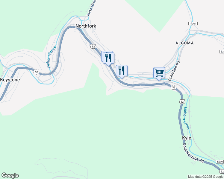 map of restaurants, bars, coffee shops, grocery stores, and more near E Street in Northfork