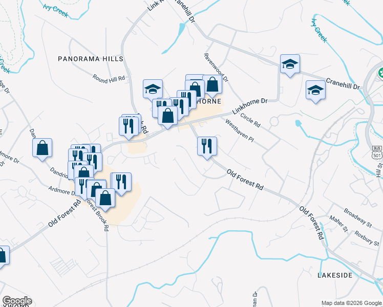 map of restaurants, bars, coffee shops, grocery stores, and more near 2732 Poindexter Street in Lynchburg