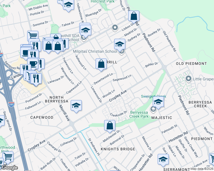 map of restaurants, bars, coffee shops, grocery stores, and more near 3278 Sagewood Lane in San Jose