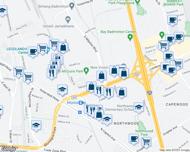 map of restaurants, bars, coffee shops, grocery stores, and more near 1415 Cherry Circle in Milpitas