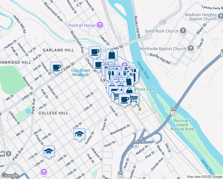map of restaurants, bars, coffee shops, grocery stores, and more near in Lynchburg