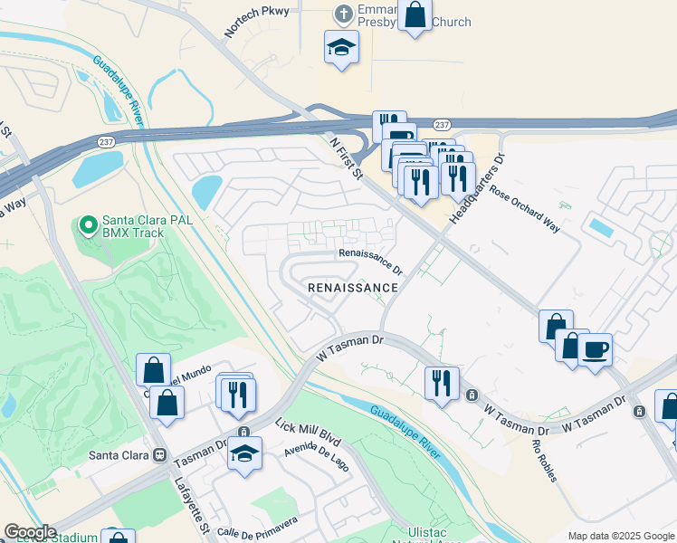 map of restaurants, bars, coffee shops, grocery stores, and more near 4105 Feafel Drive in San Jose