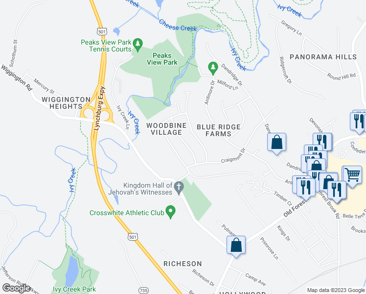 map of restaurants, bars, coffee shops, grocery stores, and more near 1413 Tunbridge Road in Lynchburg