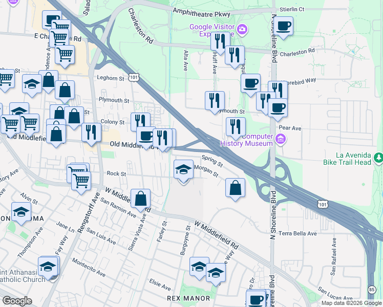 map of restaurants, bars, coffee shops, grocery stores, and more near 1770 Old Middlefield Way in Mountain View