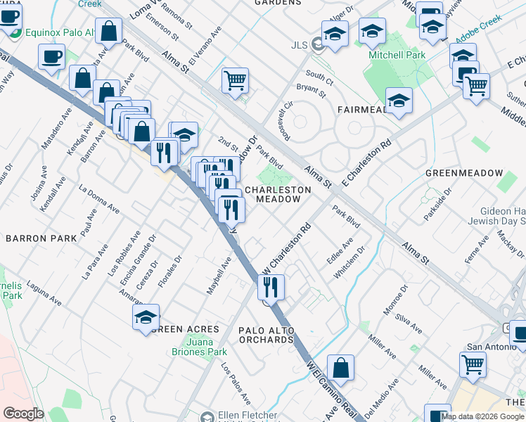 map of restaurants, bars, coffee shops, grocery stores, and more near 4127 Wilkie Court in Palo Alto