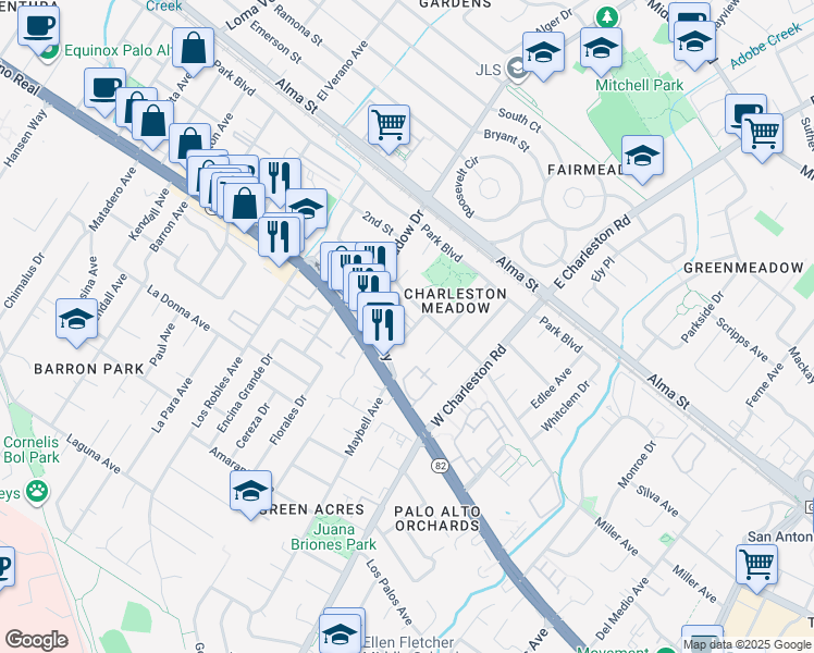 map of restaurants, bars, coffee shops, grocery stores, and more near 420 James Road in Palo Alto